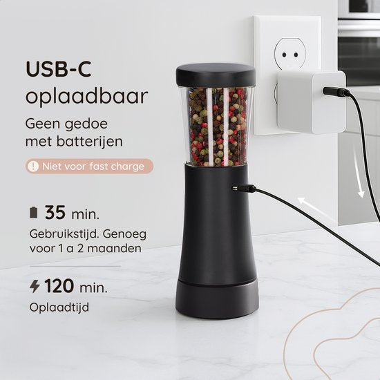 Deleca Moulin à poivre et à sel électrique Gustaro - Capacité de stockage de 130 ml - Moulin à poivre et à sel de luxe - Mouture réglable - Rechargeable par USB / Noir