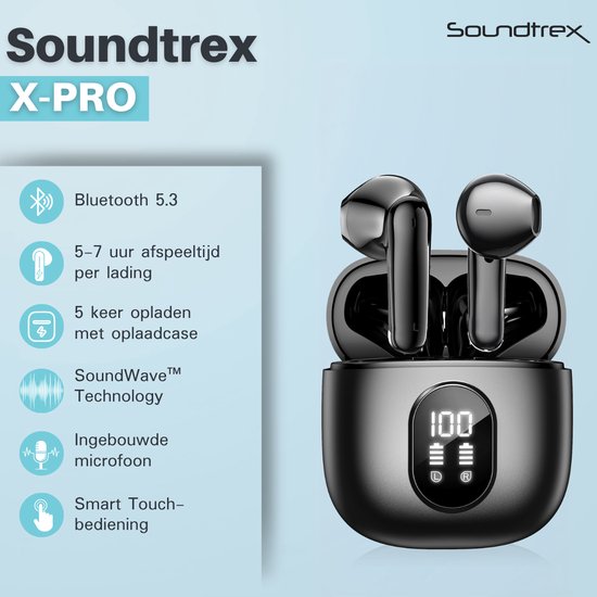 Soundtrex X-Pro Wireless Earphones - Ecouteurs Bluetooth - Earpods sans fil - Ecran LED - Bluetooth 5.3 - Noir