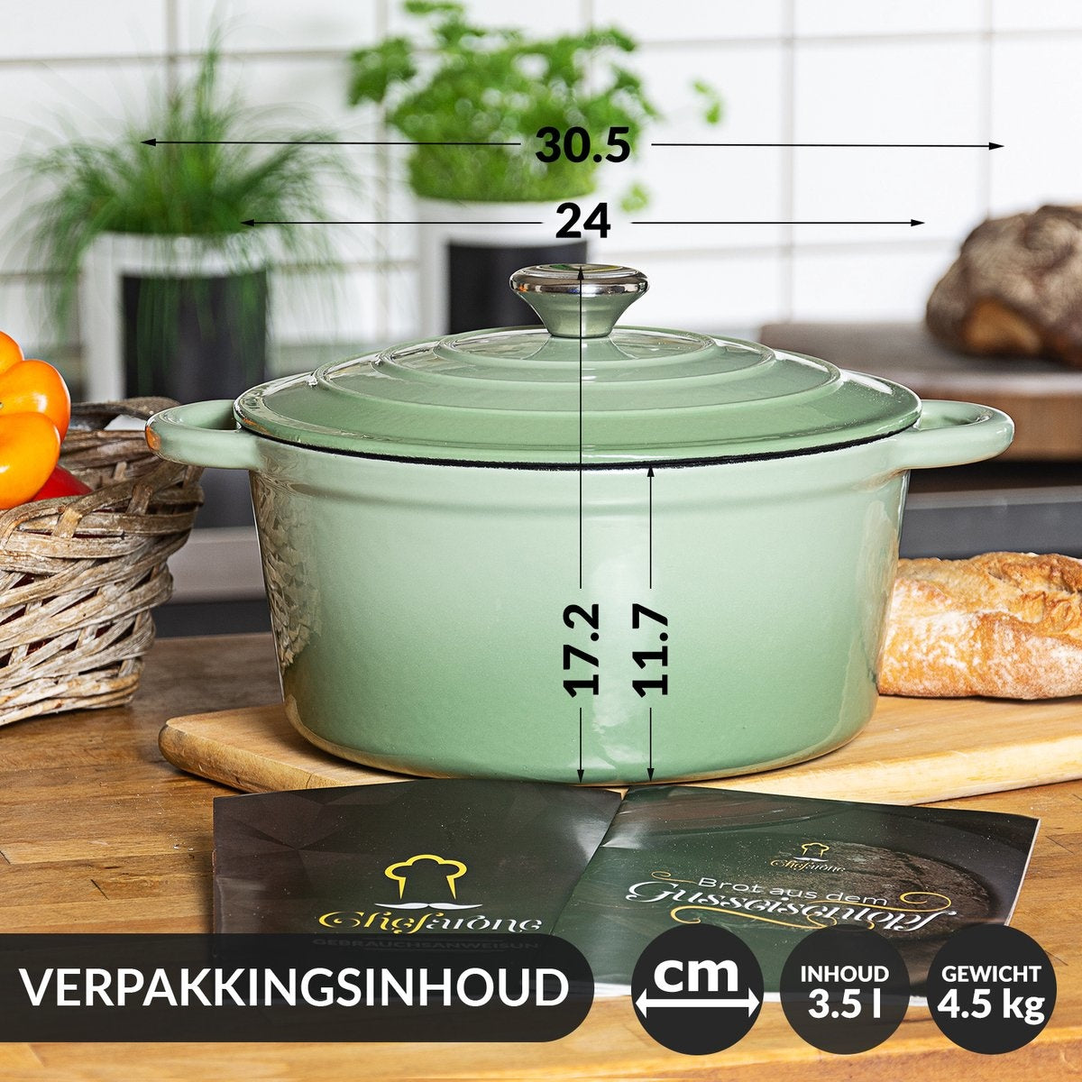 Chefarone Poêle en fonte - Casserole - Couvercle inclus - Convient à toutes les sources de chaleur - Émaillée - Verte