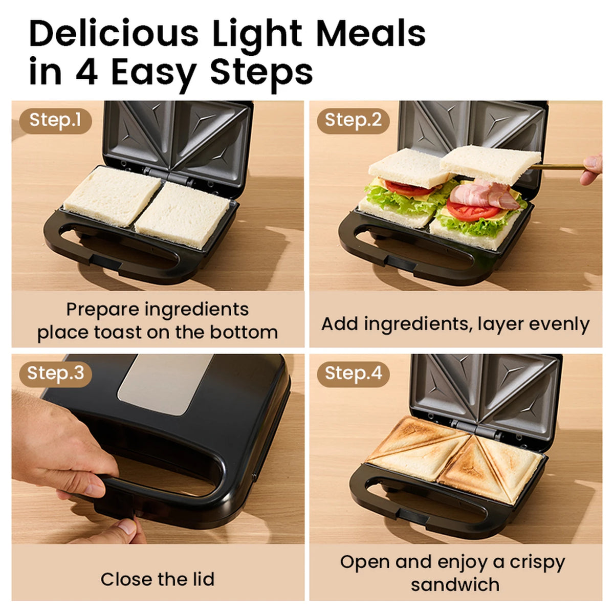 Appareil à sandwichs Ochama 750 W - Double plaque de cuisson - Sandwichs croustillants - Revêtement antiadhésif - Noir