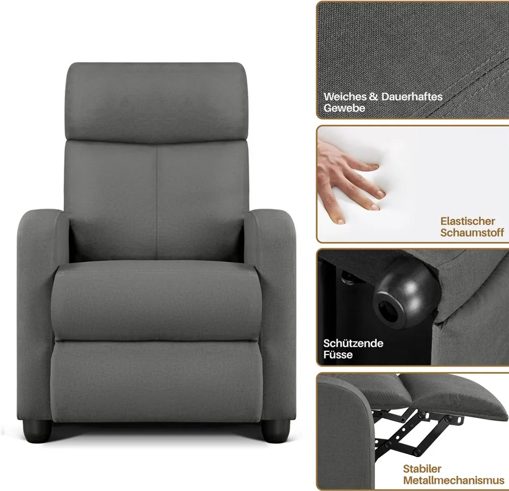 Fauteuil de détente Yaheetech – Gris – 87 x 61,5 x 99 cm – Fauteuil inclinable avec repose-pieds