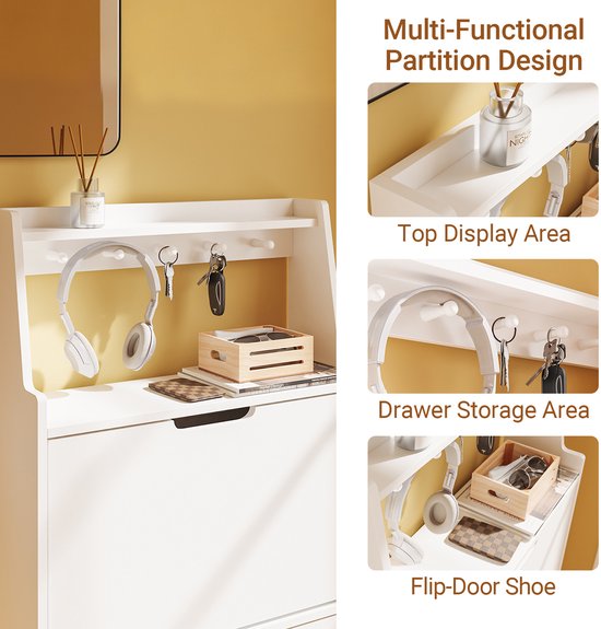Armoire à chaussures SoBuy, extra-plate 19 cm - rangement jusqu'à la pointure 47 - avec crochets et étagère ouverte, pour petits logements, couloir, entrée - blanche, 60 x 19 x 119 cm, FSR221-W