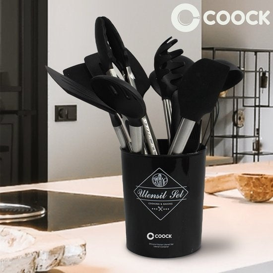 COOCK Batterie de cuisine avec support XL - Batterie de cuisine 17 pièces - Silicone - Sans BPA ni plastique - Susceptible d'être accrochée - Ouvre-boîte inclus
