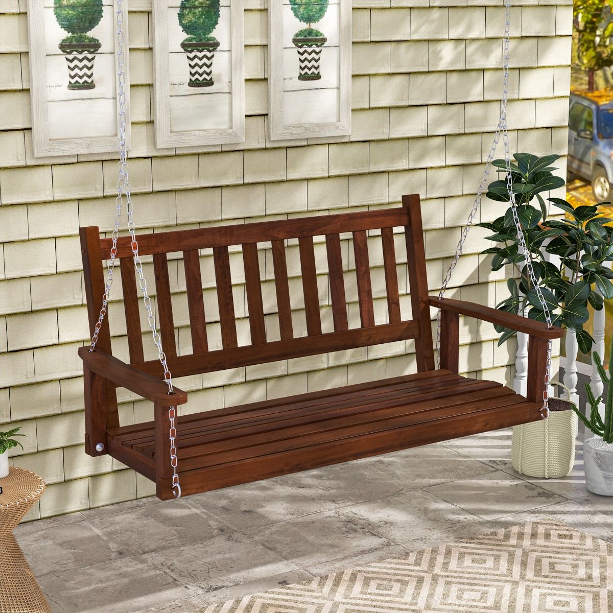 Banc à bascule d'extérieur en bois Coast - 3 places - Chaînes réglables - Marron 168 x 65 x 63 cm