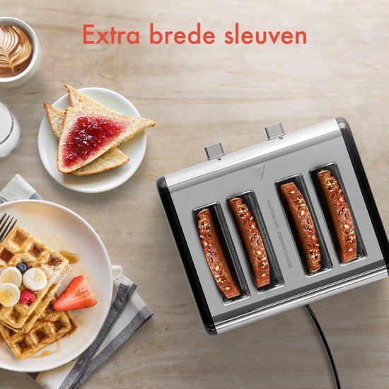 KitchenBrothers Toaster - Grille-pain - 6 niveaux de chaleur - 4 fentes extra-larges - écran tactile - 1630W - acier inoxydable/noir