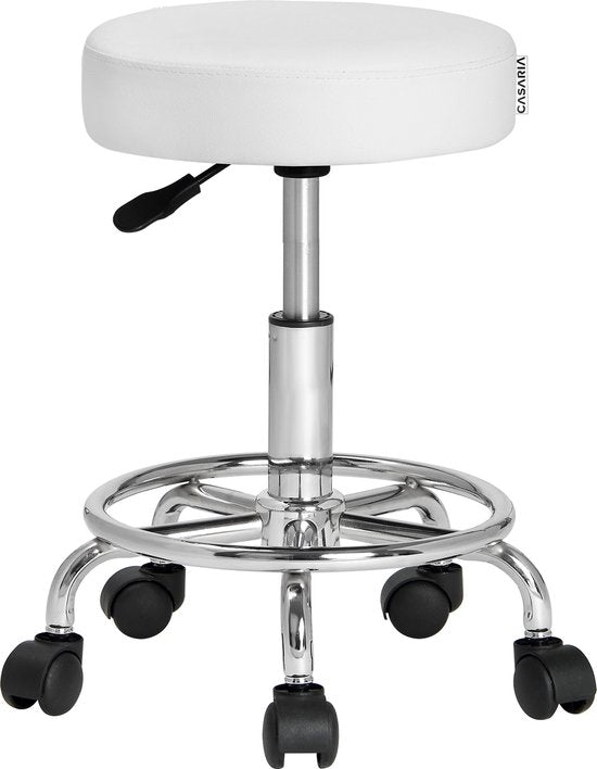 Tabouret roulant - Réglable en hauteur et rotatif à 360°C - Hauteur d'assise 51-65cm Blanc