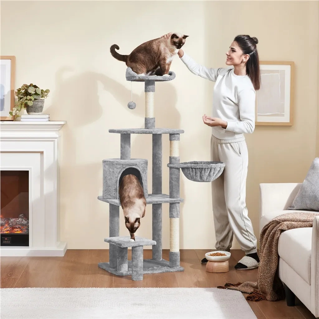 Arbre à chat Yaheetech 145 cm - Gris clair - Arbre à chat avec maison, panier suspendu et plate-forme d'observation