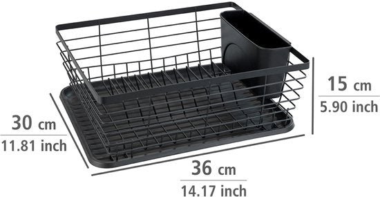WENKO Égouttoir Drip noir 36 x 30 cm avec bac d'égouttage et porte-couverts - Égouttoir à vaisselle - Égouttoir avec bac d'égouttage noir