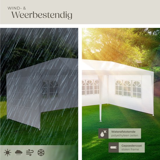 tectake® Pavillon Novara - Tente de réception 3x6 m - Bâche imperméable avec 5 panneaux latéraux amovibles - Pavillon de jardin résistant aux intempéries - Lignes de tension et piquets inclus - blanc