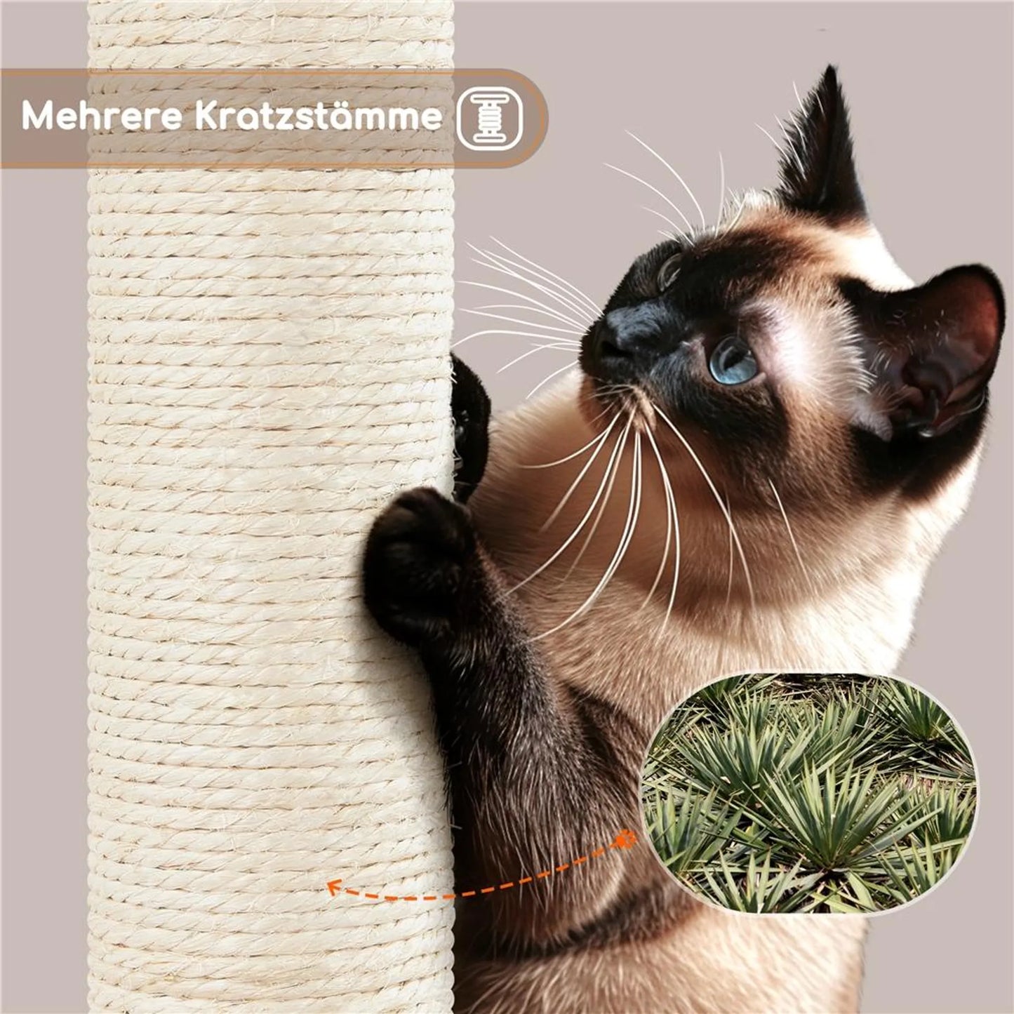 Yaheetech Griffoir moyen - 43,5 x 43,5 x 106 cm - avec plateforme d'observation généreuse, hamac et panier à chat avec 5 tiges en sisal - pour chatons et chats de taille moyenne - peluche beige et panneau d'aggloméré