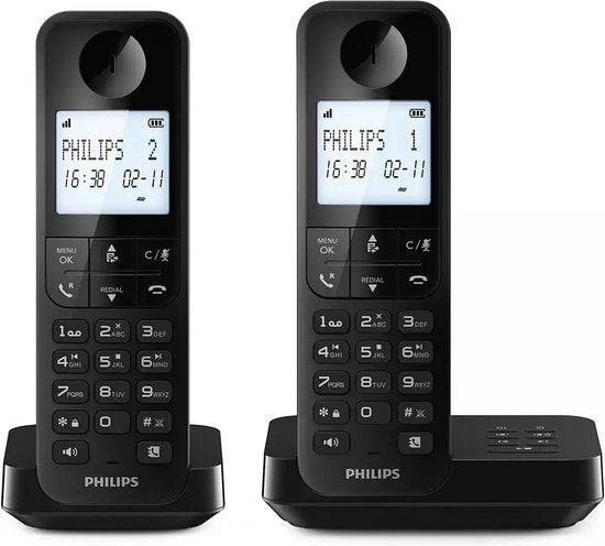 Téléphone sans fil Philips D2752B/12 - DECT - 2 combinés - Téléphone fixe - Ligne fixe - Identification du numéro - Noir