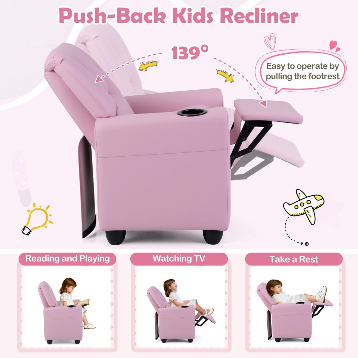 Fauteuil pour enfant Coast avec fonction relax - dossier et repose-pieds réglables - porte-gobelet - rose