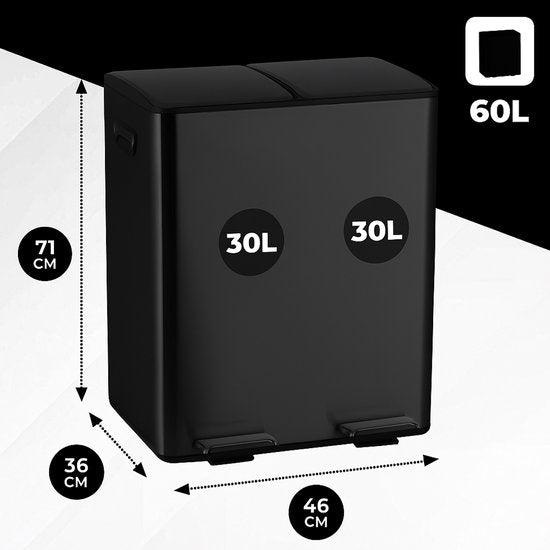 Bayt Poubelle - Poubelle 60 litres (2x30) - Poubelle 60 litres - Poubelle à pédale 60 litres - Poubelle Séparation des déchets - Poubelle 2 compartiments - Poubelle - inox - Noir