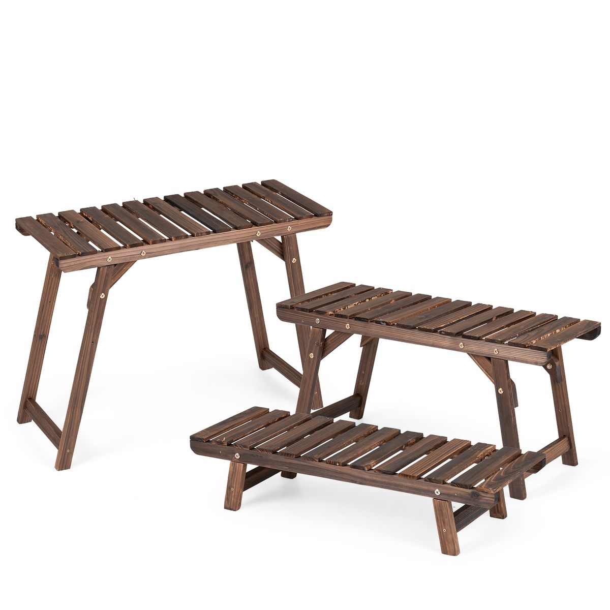 Ensemble de 3 supports pour plantes Coast - 3 niveaux - bois de pin carbonisé - marron