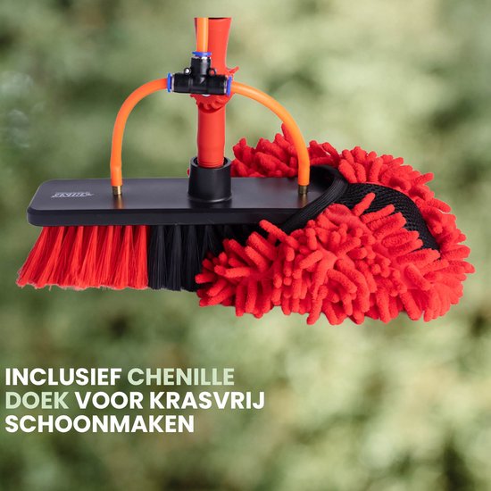 Brosse à laver télescopique Shine avec chiffon en chenille - Brosse à eau XXL jusqu'à 7m - Manche télescopique 5 pièces avec distributeur de savon - Nettoyeur de façades et de vitres