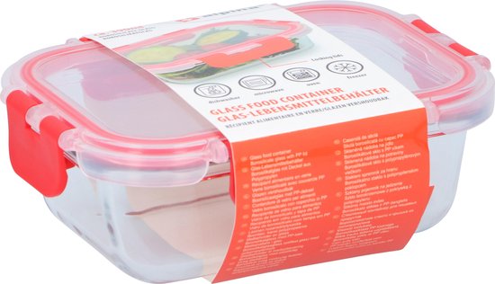 Boîte de conservation Alpina - 390 ml - Verre borosilicaté - Convient au congélateur, au micro-ondes, au four et au lave-vaisselle - 15,5 x 11,5 x 5,5 cm - Transparent/Rouge