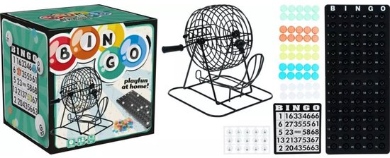 Machine à bingo noire avec plateau de jeu, cartes de bingo et jetons