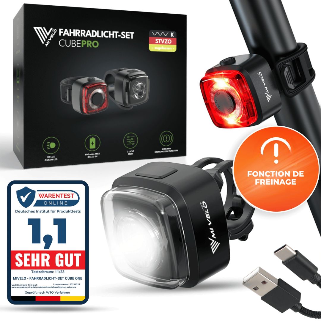 Kit d'éclairage LED Mivelo - pour vélo 'Cube Pro' rechargeable par USB avec feu de freinage - Noir