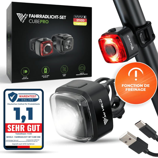 Kit d'éclairage LED Mivelo - pour vélo 'Cube Pro' rechargeable par USB avec feu de freinage - Noir
