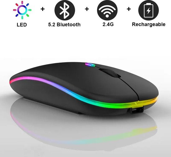 Souris Bluetooth LED sans fil - Ergonomique - RGB - Ordinateur portable et jeu - Sans fil - Noir
