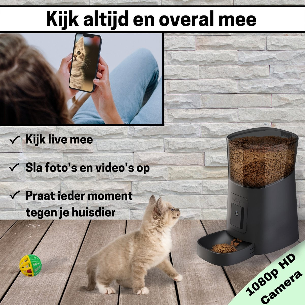 BOME - Distributeur automatique de nourriture à distance pour chiens et chats - Caméra et audio avec carte SD - Noir