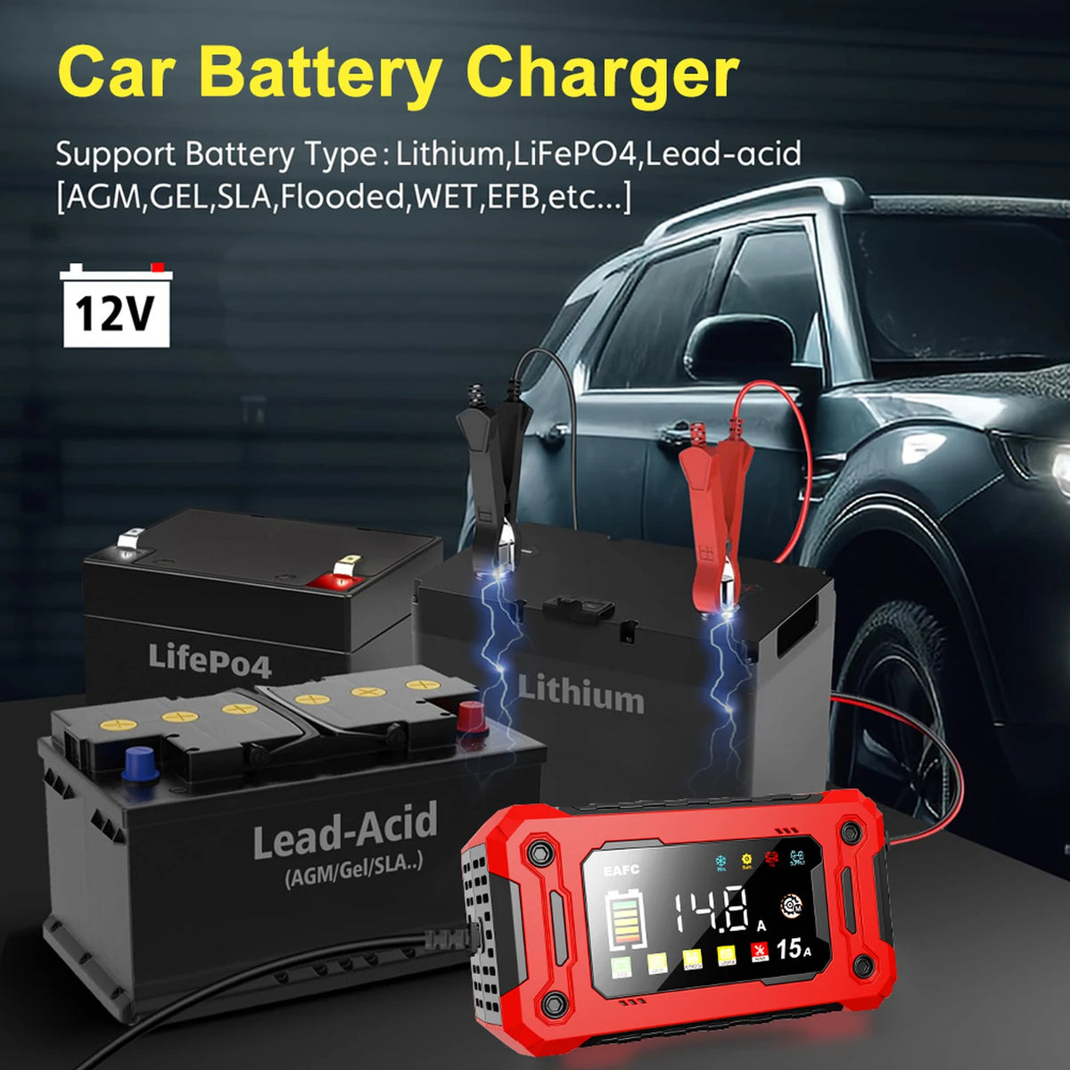 Chargeur de batterie automobile Eafc 12 V 15 A - Grand écran HD - Réparation par impulsions - Batteries au lithium, AGM, plomb-acide et gel