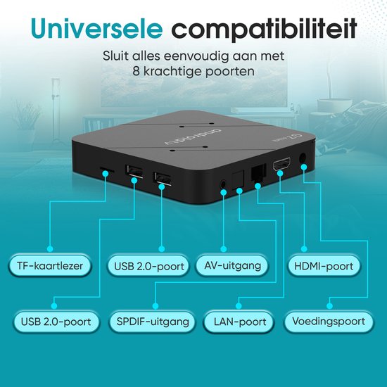 Tibagoods Mediaplayer - Android TV Box 4K HDR - Convient au streaming chromecast - Mediabox - TV Dongel - Boîte de streaming avec wifi - Créez votre SMART TV - Convient à tous les types d'applications de streaming