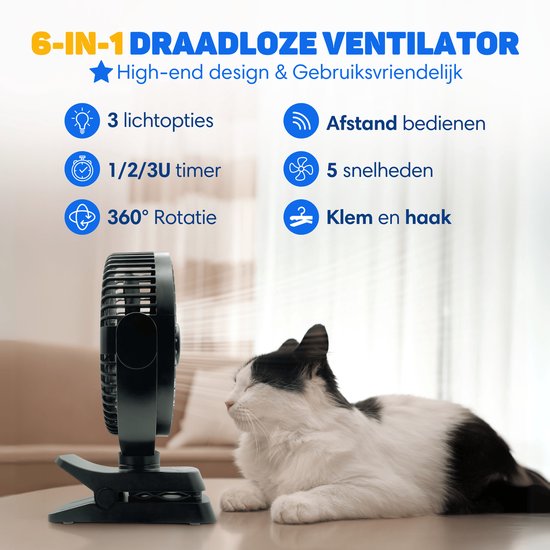 Vulpes Goods® Tech - Ventilateur de table MAX - Ventilateur - Rechargeable et sans fil - Ventilateur USB silencieux avec télécommande - 5 vitesses et éclairage - Ultra silencieux - 12000 mAh et fonction Powerbank - Noir