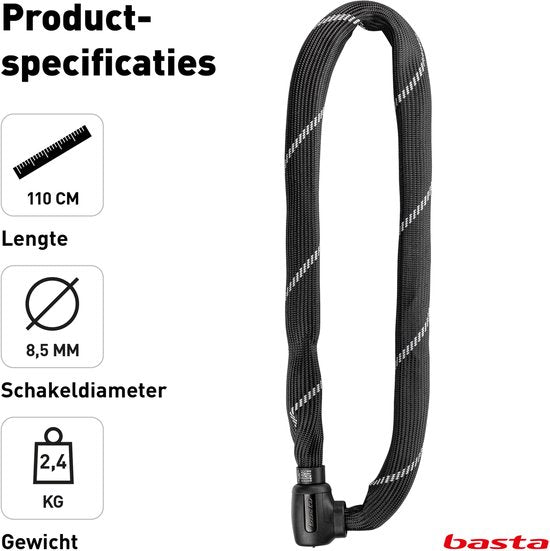 Antivol à chaîne Basta - ART 2 - Chaîne en acier trempé - Antivol certifié pour vélos électriques et fatbikes - 110 cm de long