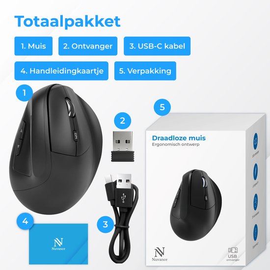 Souris ergonomique Nuvance - Souris sans fil - Souris Bluetooth - Souris sans fil - Silencieuse - Souris d'ordinateur - Wireless Mouse - Pour droitiers
