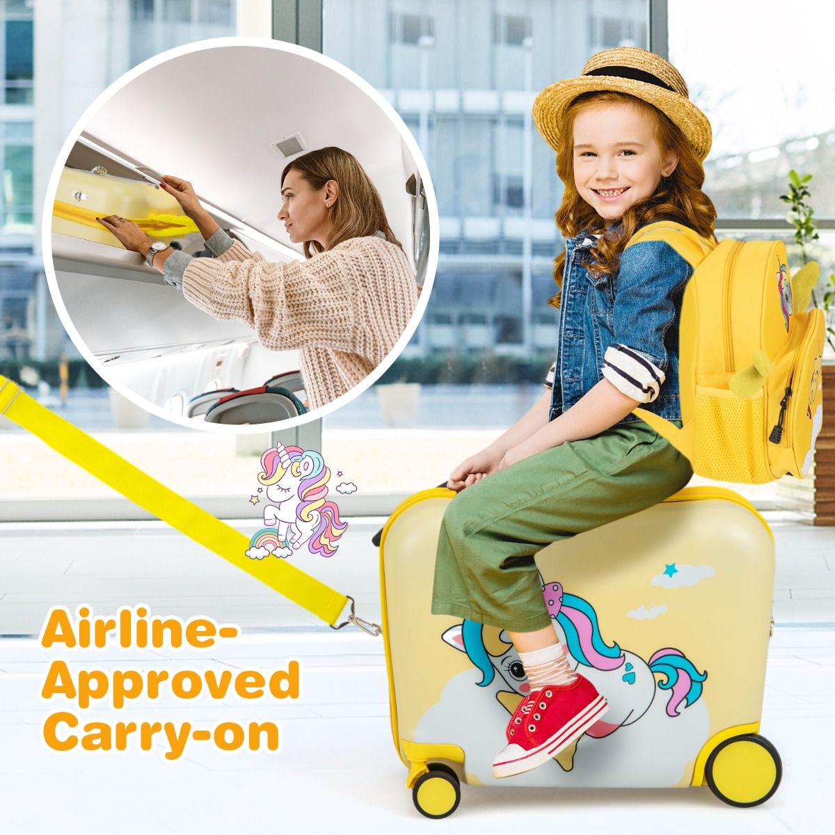 Ensemble valise et sac à dos pour enfants Coast - Valise à roulettes - Sac à dos avec un adorable motif d'abeilles - Jaune