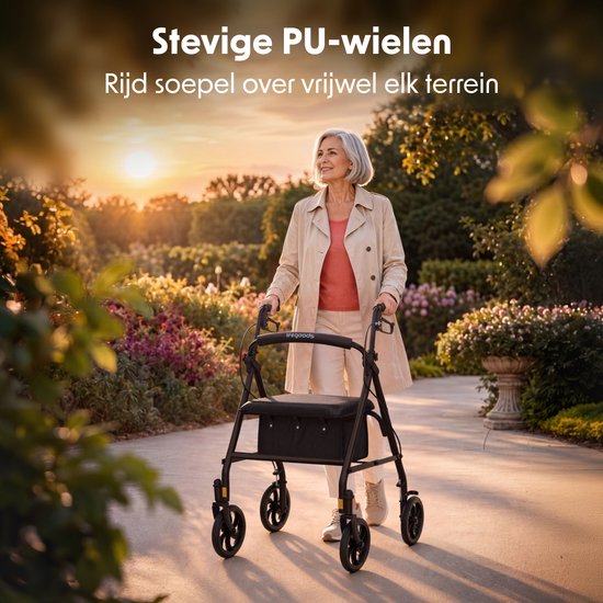 Rollator LifeGoods Basic : léger et pliable (8,7 kg) - Avec siège et dossier – Pour l'intérieur et l'extérieur – Hauteur réglable - Capacité de charge jusqu'à 136 kg – Noir