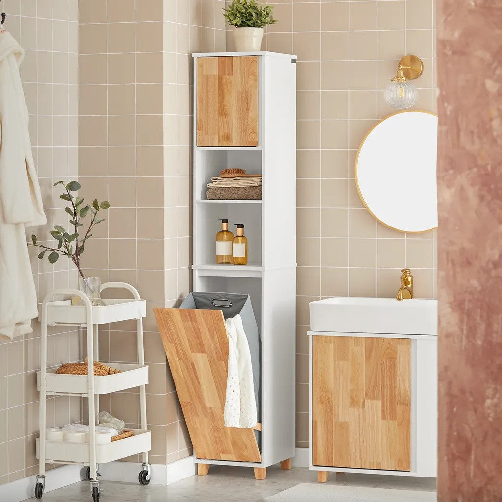 SoBuy - meuble de salle de bain avec sac à linge escamotable - blanc - 31x170x32cm