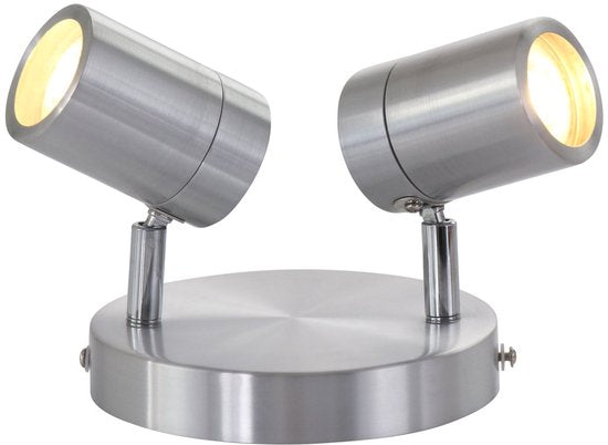 Spot à 2 faisceaux Upround 2487ST couleur acier - Orientable et inclinable - Design moderne - Ampoules incluses - Mexlite - Convient à un usage intérieur, IP44, profondeur max. 15 cm