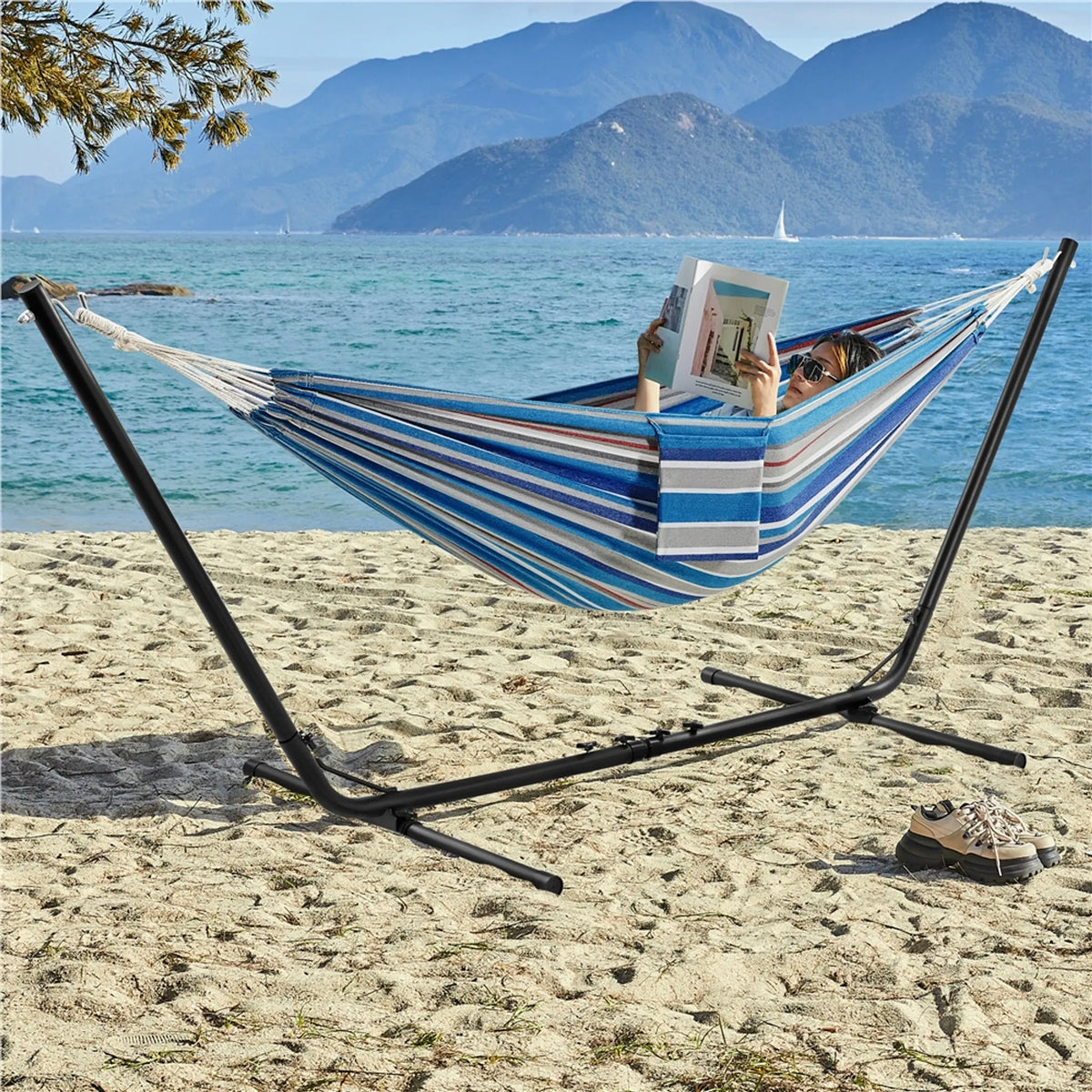 Hamac de camping avec support pour 2 à 3 personnes, réglable de 294 à 314 cm, bleu