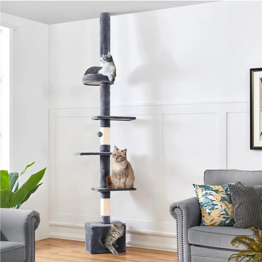 Arbre à chat de plafond Yaheetech 226-265,5 cm - Gris foncé - Arbre à chat réglable à 5 niveaux