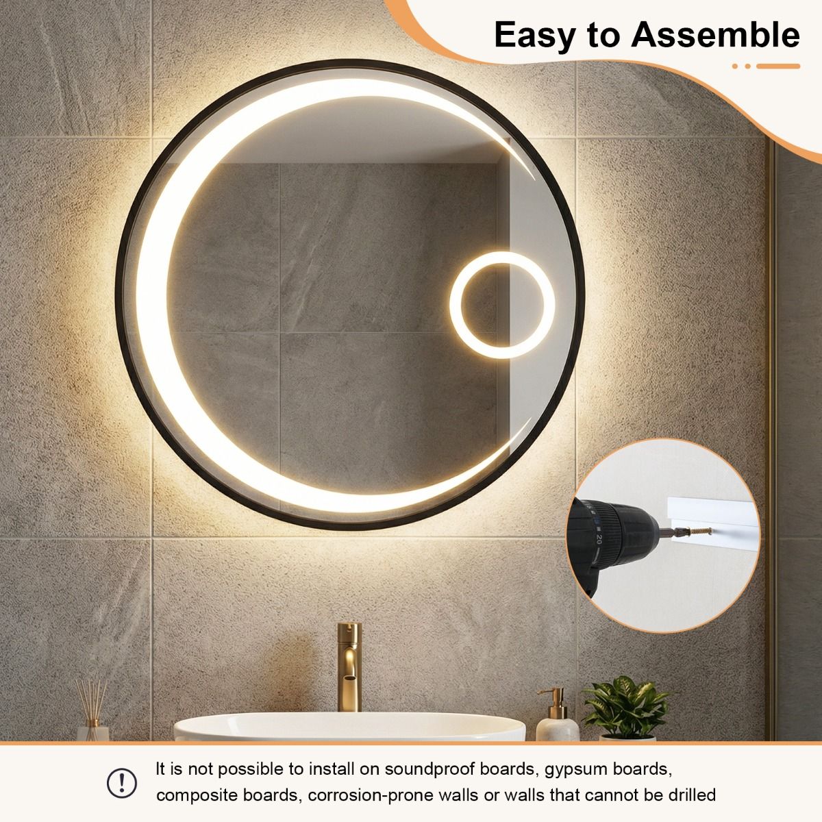 Miroir de salle de bains rond Coast - Éclairage LED - Anti-buée - 61 cm Noir