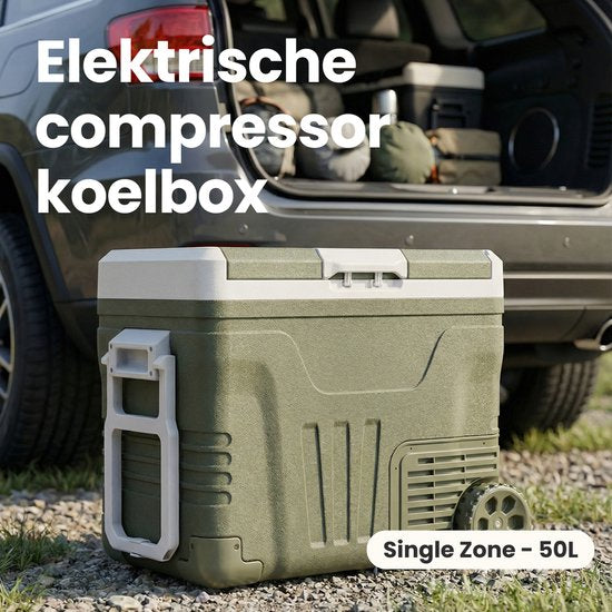 Auronic Electric Cool Box - Compresseur - 50L - 12V et 240 volts - Réfrigérateur de camping - Frigobox Car - Avec roues et poignée - Vert