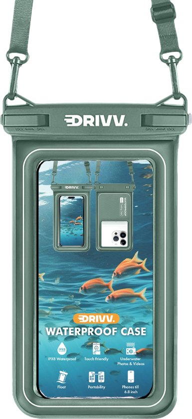 Drivv. Étui étanche de luxe pour téléphone portable - flottant - fermeture à double clip - téléphones jusqu'à 6,8 pouces - étui étanche pour téléphone portable - vert armée