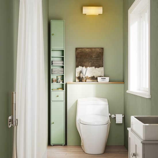 SoBuy Armoires de salle de bain hautes - Armoire de rangement avec étagères réglables et tiroir - Armoire colonne salle de bain - 20x180x20cm, Light Green, BZR34-II-GR - pour salle de bain, salon, chambre à coucher