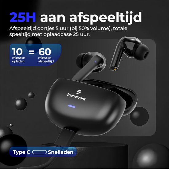 Soundfront Ultimate Wireless Earphones - Ecouteurs Bluetooth - 26dB Active Noise Cancelling - Ecouteurs sans fil - Convient aux Smartphones et aux ordinateurs portables - Noir