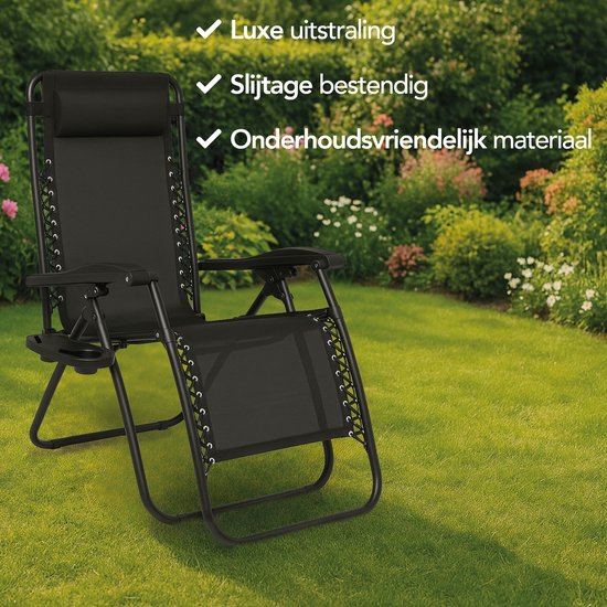 Lot de 2 chaises de jardin pliantes Brixy - Chaises longues - Pliantes - Réglables - Oreiller ergonomique - Métal - Textiline - Noir