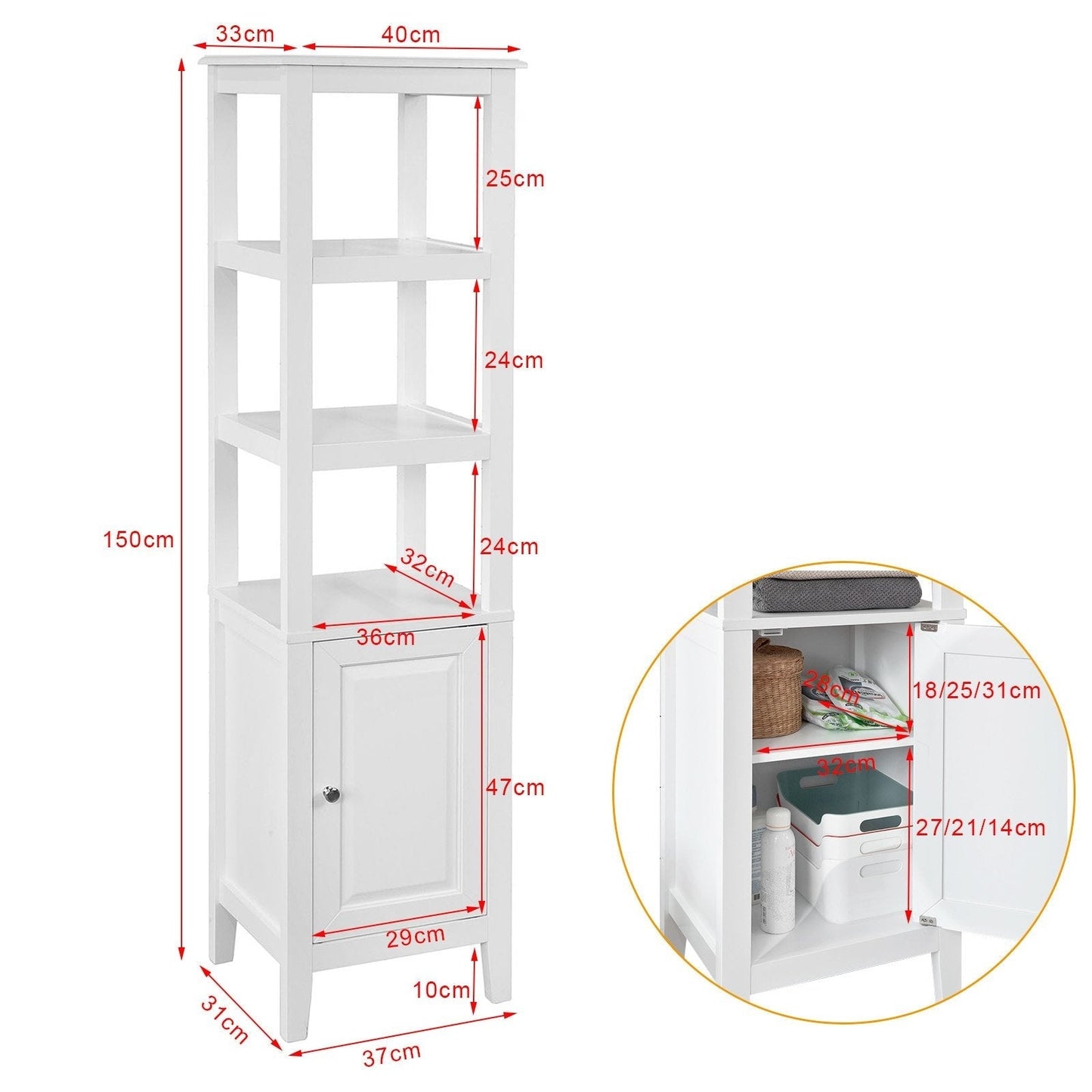 SoBuy Armoire de toilette haute - 3 compartiments 1 porte - Blanc - 40x150x33 cm