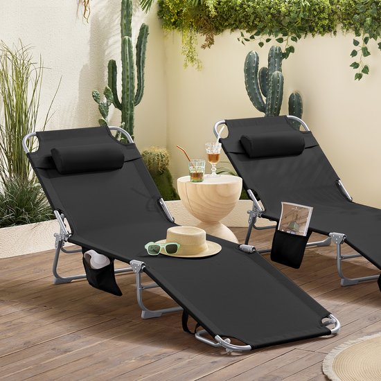 Chaise longue pliable SoBuy, chaise longue de jardin réglable avec appui-tête et sac de rangement, chaise de détente ergonomique pour l'extérieur, le jardin, le balcon et la terrasse, noire, OGS35-SCH
