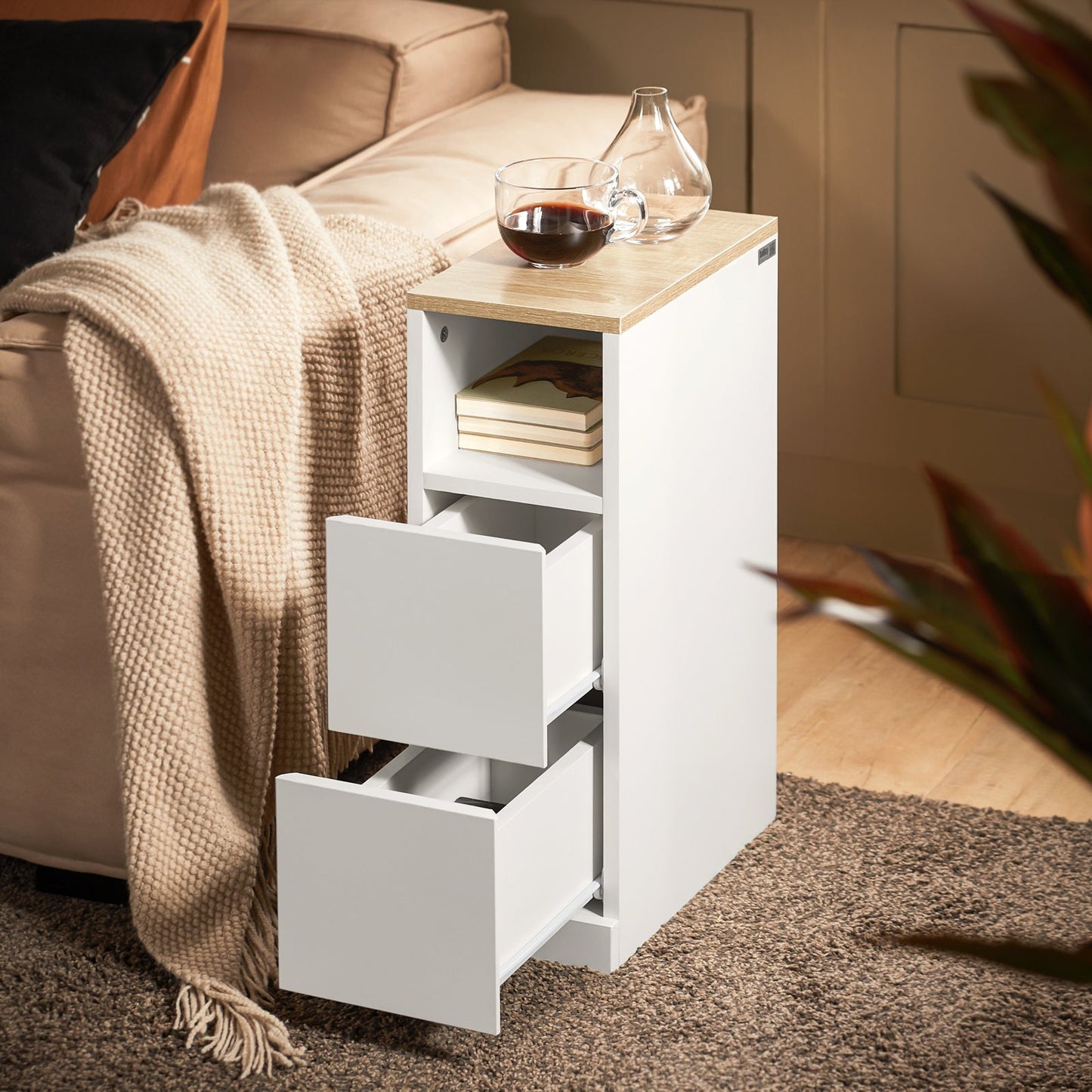 SoBuy Table de nuit - FBT149-WN - 2 tiroirs et compartiment ouvert - 20 cm x 35 cm x H60 cm - Blanc
