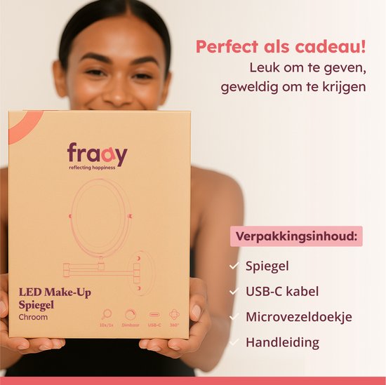 Fraay® Miroir de maquillage avec éclairage LED - grossissement 10x - Miroir grossissant avec lumière - rechargeable - Miroir de rasage - Miroir de salle de bain - Chrome