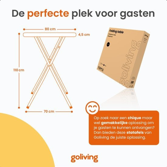 Goliving Bartable Table - Housse de table incluse - Jupe de table - Pliable - Table de fête robuste - Pour l'intérieur et l'extérieur - Capacité 50kg - Ø80 x 110 cm - 8,5 kg - Blanc