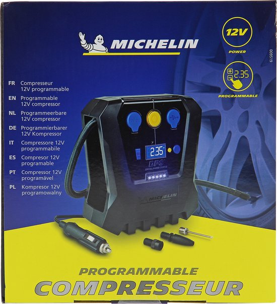 Pompe à air Michelin Compressor 12 V - Pression réglable (0,05-7 bar) - Avec port USB - Pompe à air électrique - Vélo/voiture/moto/ballon/matelas gonflable - Avec divers embouts