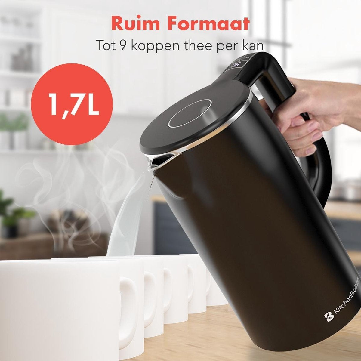 Bouilloire électrique 1.7L - KitchenBrothers - Avec contrôle de la température - 1800W - acier inoxydable - Noir