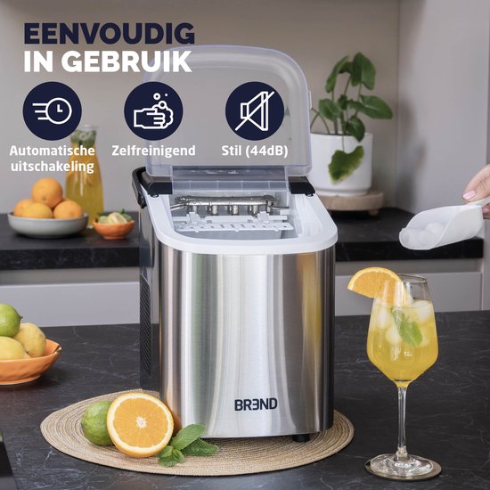 BREND BR-2213 Machine à glaçons avec cuillère et plateau d'égouttage - Grands L ou petits S glaçons - Machine à glaçons portable - 10 kg en 24 heures - Argenté